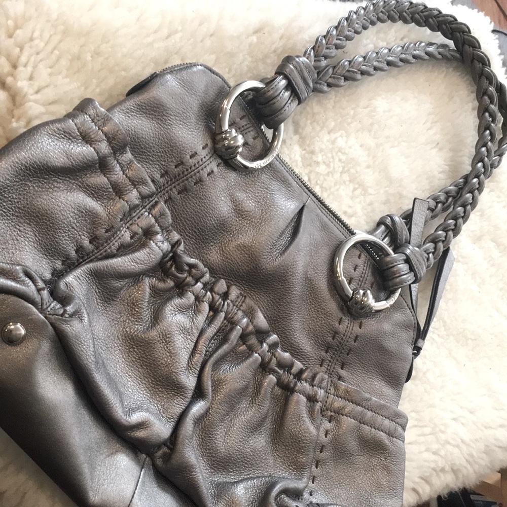 B. Makowsky Pewter Pebble Leather Shoulder Bag